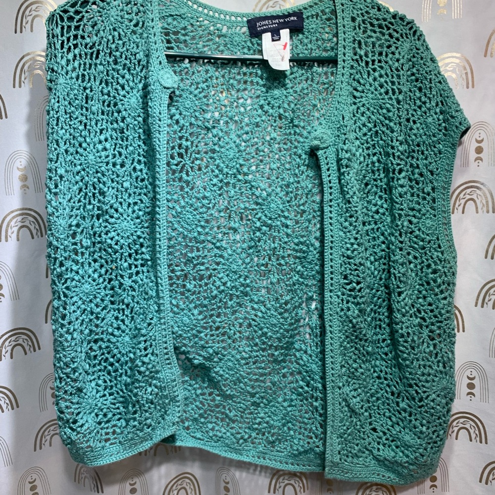 Jones New York Women's Turquoise Open Knit Cardigan